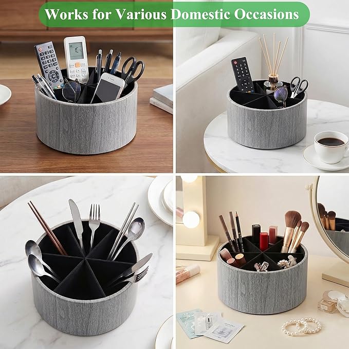 Remote Control Holder, 360°Spinning PU Leather Desk TV Remote Caddy,Desk Storage Box Room Accessories for Controller, Media,Mail,Calculator, Mobile Phone,Pencil(1-Big Thin Grey)