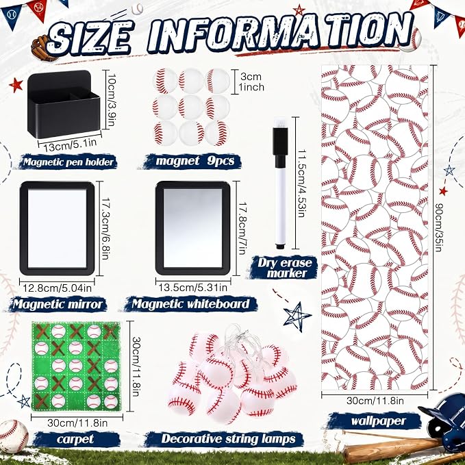 Kingdder 22 Pcs Baseball Theme Locker Accessories Kit Magnetic Locker Wallpaper Mirror Whiteboard Marker Pen Holder Magnet Hook Baseball Rug String Light for Back to Essentials Decoration