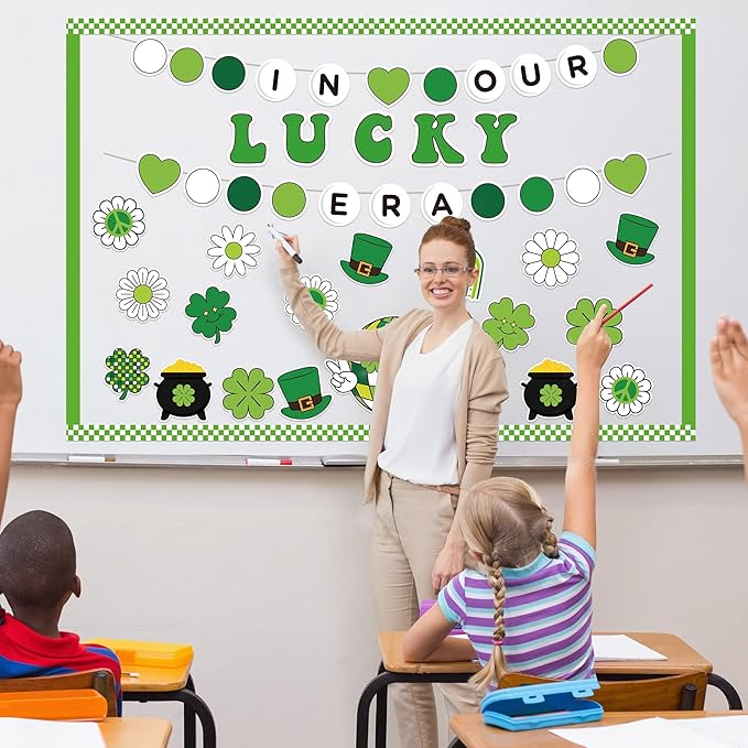 141Pcs St. Patrick’s Day Bulletin Board Classroom Decoration Retro Hippie Rainbow Flower Cutouts Shamrock Clover Name Tags Green Border Trim School Chalkboard Supplies Wall Door Decor
