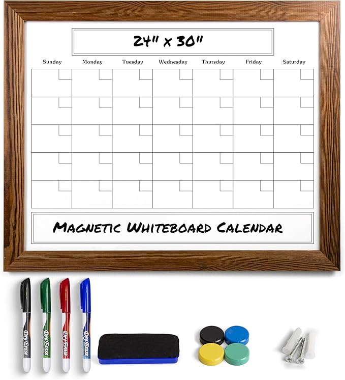 Large Magnetic Dry Erase Whiteboard Calendar with Real Wooden Frame, Large 24" x 30" Size, Wall Mount, Includes 4 Assorted Color Markers, Eraser and 4 Magnets, by Better Office Products (Rustic Brown)