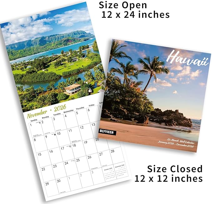 2026 Wall Calendar Hawaii, 12 Months Hangable Wall Calendars, 12" x 24" (Open), Thick Glossy Paper, Organizing & Planning