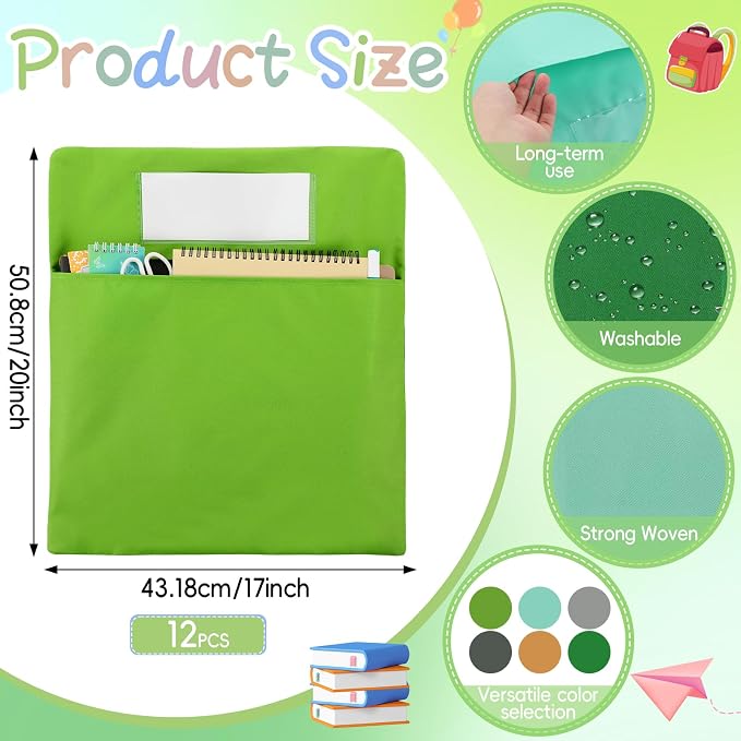 gisgfim 12 Pcs Chair Pockets for Classroom 17 x 20 Inch s with Name Tag for Classroom Chairback Pouch Bag Organizer for Student Elementary School Daycare Supply (Greenery)