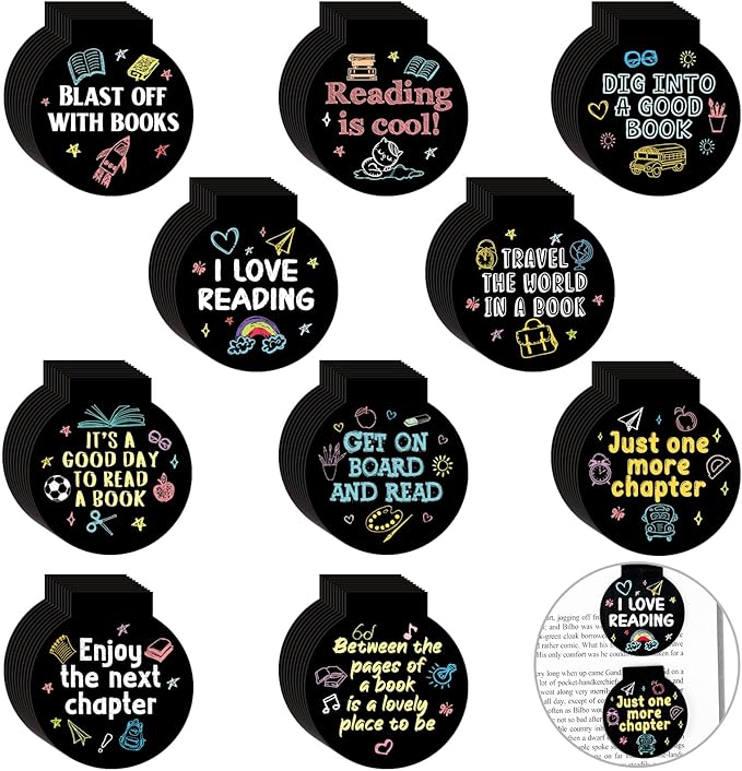 AmazingSpark 50 Pcs Magnetic Reading Bookmarks Bulk Chalk Drawing Magnet Awards for Book Lover Motivational Book Marker Clips for Students Teacher Office Classroom Incentives