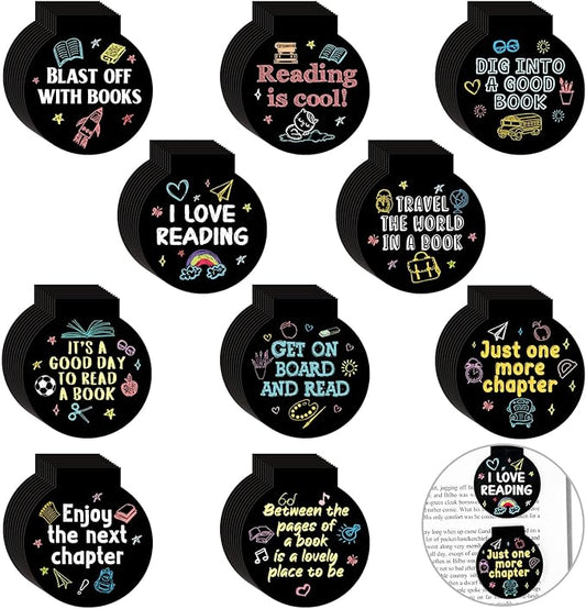 AmazingSpark 50 Pcs Magnetic Reading Bookmarks Bulk Chalk Drawing Magnet Awards for Book Lover Motivational Book Marker Clips for Students Teacher Office Classroom Incentives