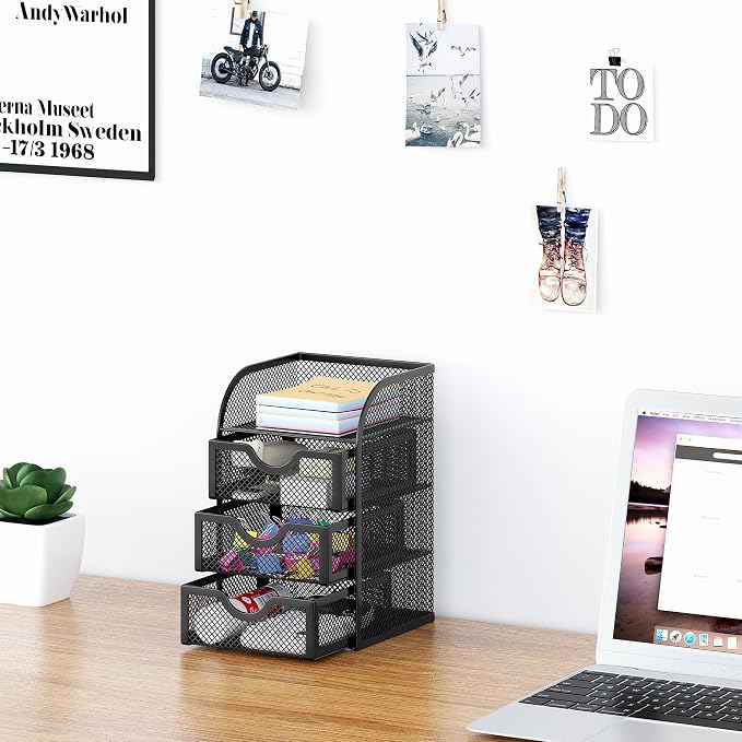 EasyPAG Mesh Desk Organizer with 3 Drawer Office Desktop Organizers and Accessories Stationery Caddy for Office, Home, Students, Black
