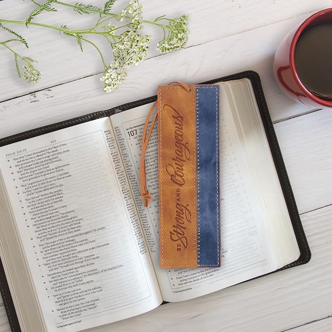 Christian Art Gifts Premium Vegan Leather Scripture Bookmark for Men & Women: Strong & Courageous Inspirational Bible Verse, Unique Sturdy Luxury Reading Book Accessory, Light Brown & Navy Blue & Cord