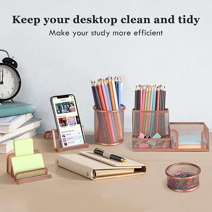 Pen Holder for Desk, 6 Pieces Mesh Desk Organizer set 3 Compartments pens holder, Mail Organizer Letter Holder Home Office Supplies Caddy Storage Baskets for Desktop Accessories(6 Pack, Rose Gold)
