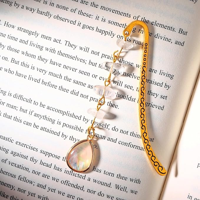 Vintage Metal Bookmark Pendant with Opal Drop Shell&White Quartz Crystal Stones Bead Chain–Elegant Opal Bookmarks for Women,Men,Book Lovers,Teachers and Girls(Gold)