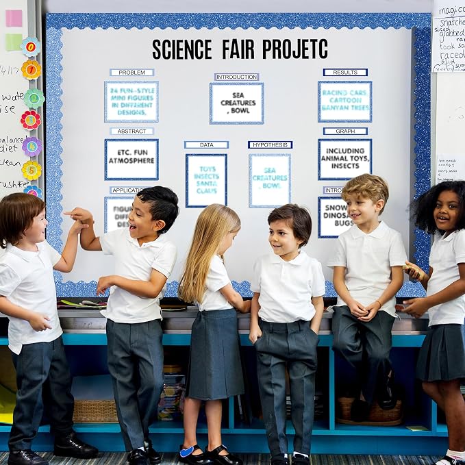 Sinload 92 Pcs Science Fair Board Supplies 60 Trim Scalloped Poster Boards 18 Presentation Subtitles 6 Project Titles 8 Letter Sticker for Classroom Display Boards(Glitter Blue,Wave)