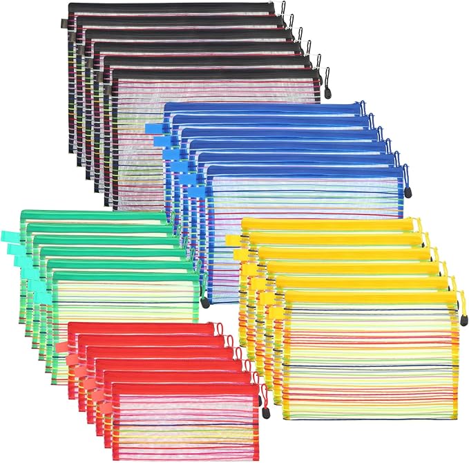 HESTYA 30 Pcs Mesh Zipper Pouch Bags for Organizing 5 Sizes, 5 Colors Large Small Pouch Bulk Cosmetics Purse Toiletry Travel Cases Multipurpose Makeup Document File Storage for Home Offices Supplies