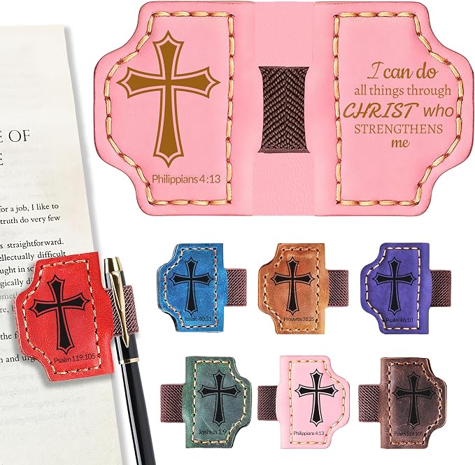 Personalized Magnetic Bookmark with Pen Holder, Bible Verse Scripture Design, Custom Leather Bookmark Bible Study Supplies for Women Men, Christian, Book Lovers Gifts (Pink, Philippians 4:13)