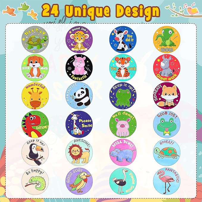 Outus 3 Rolls Motivational Stickers for Kids, 1500 Pcs Inspirational Cartoon Reward Stickers Teacher Supplies for Potty Training School Classroom Students Prizes, 24 Designs(Animal Style)