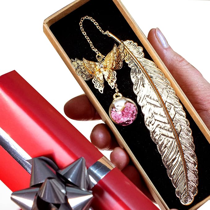 Teacher Appreciation Gifts for Women - Metal Feather Bookmark with 3D Butterfly Charm – Mother’s Day Gifts for Mom, Thank You Gifts, Book Lover Gift Under 10 Dollars, Gift Box Included