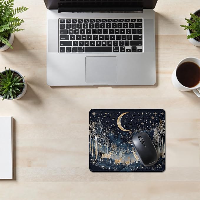 Boho Witchy Crescent Moon Deer Mouse Pad, William Morris Inspired Navy Blue and Gold Night Sky Forest Animal Mouse Pad for Home Office Computer Gaming Desk Essentials, 9.5x7.9 Inch