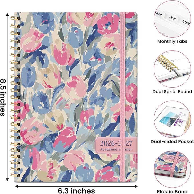 Planner 2026–2027, Academic Planner Weekly and Monthly Calendar Jul 2026 – Jun 2027 Hardcover Planner with Tabs and Pocket, Spiral Bound Agenda Book for Student & Teacher, 6.3" x 8.5", Soft Blossoms