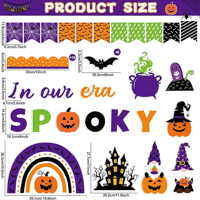 ojustbeok Halloween Bulletin Board Rainbow Pumpkin Ghost Decorations Bat Castle Paper Cutouts in Our Spooky Era Bulletin Board for Halloween Holiday School Chalkboard Wall Decor