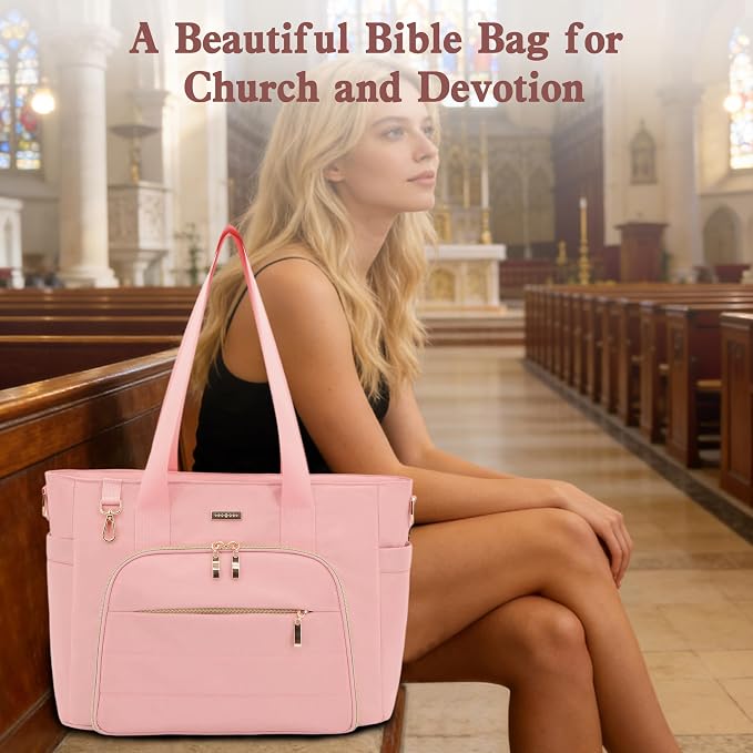 Large Bible Bag for Women, 2-in-1 Bible Tote with Detachable Embroidered Bible Cover & Study Supplies, Church Bible Study Bag, Gift-Ready Christian Gift for Women (Pink)