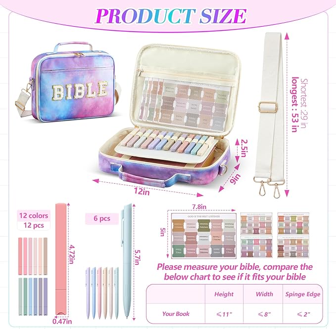 Large Bible Cover Case for Women, Bible Study Supplies Journaling Kit Chenille Letter PU Leather with Tabs Gel Pen Highlighters with Strap Easter Mothers Day Christian Gifts for Women Mom(Starry)