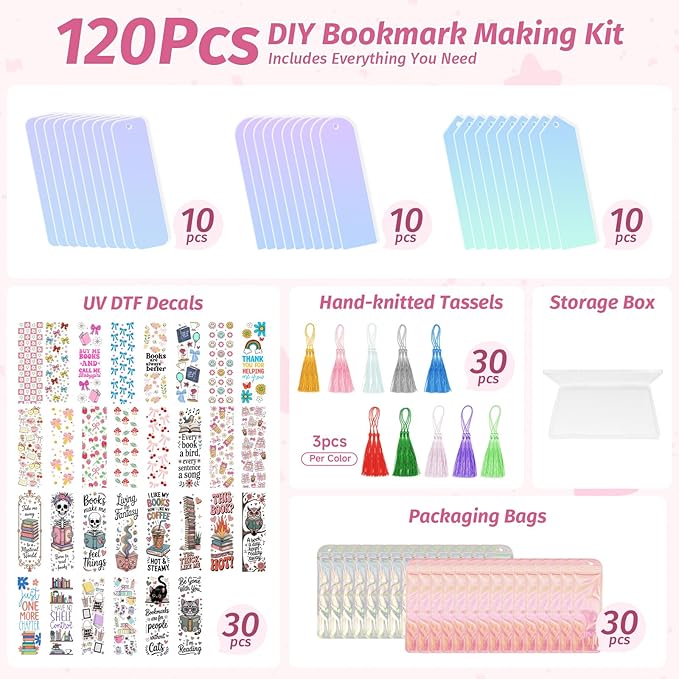 120Pcs Acrylic Bookmark Blanks Kits, Iridescent Clear Bookmarks Bulk,30Pcs Blank Bookmarks with 30PCS Booklover UV DTF Stickers and 30 Color Tassels for DIY Crafting Projects and Book Lovers Gifts