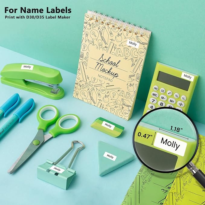 Phomemo D30 Label Maker with 3 Pack 3/8" X 1 1/8" (12mm X 30mm) 210 Labels/Roll Thermal Self-Adhesive Label Paper Back to School Supplies College Essentials Multipurpose Labeling Tape, Name Tag-Green