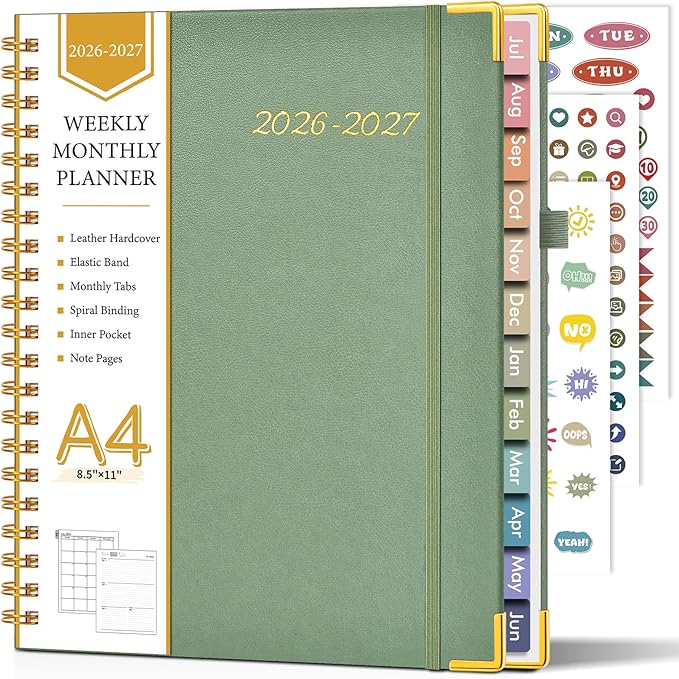 Academic Planner 2026-2027, Hardcover Leather Weekly and Monthly Calendar Planner from July 2026 - June 2027, A4 8.5" x 11" Daily Agenda with Tabs, College School Organizer for Student Teacher, Green