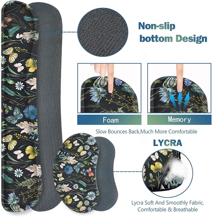 ARTSO Keyboard Mouse Pad Set, Extended Mouse Pad with Keyboard Wrist Rest Support, Memory Foam Ergonomic Desk Pad Set for Home Office, Flower Leaf Butterfly