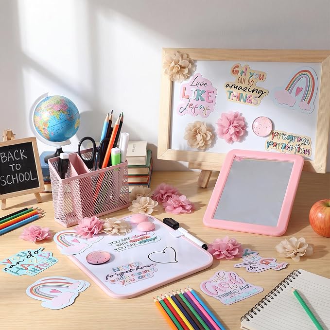 AmazingSpark Magnetic Locker Set with Whiteboard Mirror Erasable Pens Magnetic Pen Holder Refrigerator Magnet Flower and Inspirational Sticker Pink Decoration for Back to School Accessories