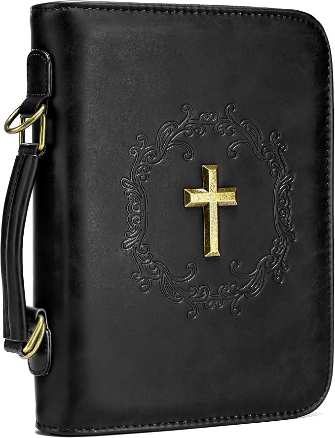 Bible Cover Case Vegan Leather Bible Bag with Shoulder Strap Plush Velvet Lining Handle for Men Women Christian Gift Black