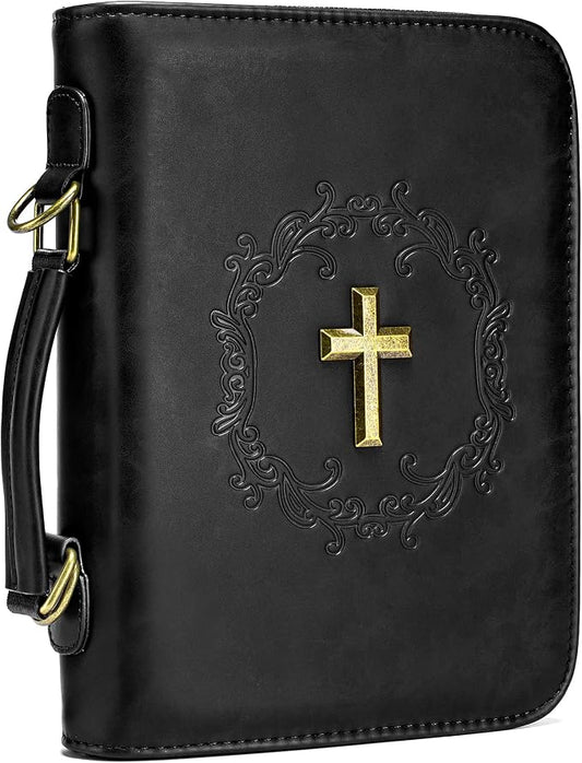 Bible Cover Case Vegan Leather Bible Bag with Shoulder Strap Plush Velvet Lining Handle for Men Women Christian Gift Black