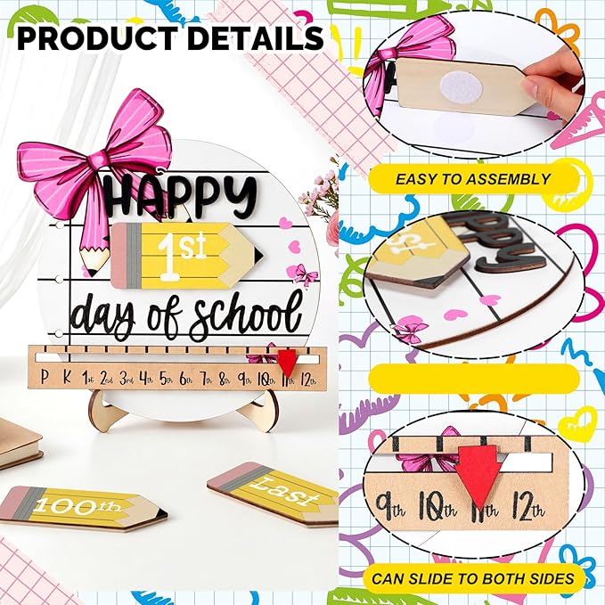 Kosiz First and Last Day of School Sign with Back to School Pink Bow Board Gifts Coquette Wooden First Day Sign Reusable Dry Erase 8''