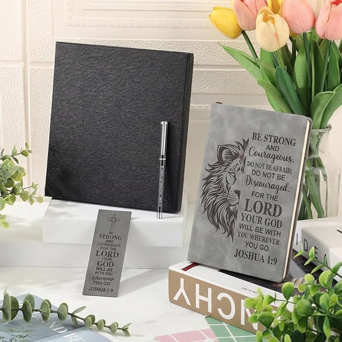 Fuyoooo 4 Pcs Christian Gifts for Men Father's Day Pastor Appreciation Gifts Vintage Leather Hardcover Notebook 1 Timothy 6:11 Religious Bible Verse Pen Joshua 1:9 Bookmark & Box(Lion,Gray)
