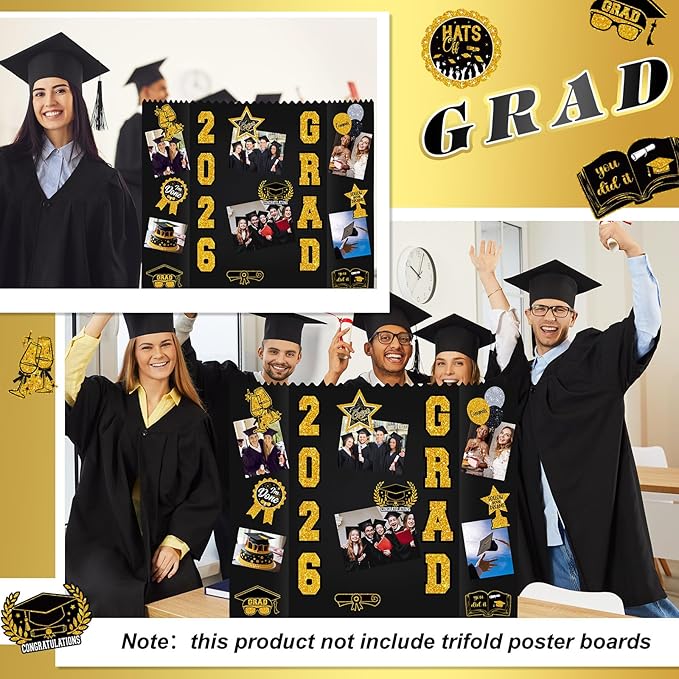 AmazingSpark 2 Sets Graduation Photo Display Board Trifold Poster Board with 12 Graduation Themed Stickers for 2026 Grad Party Decoration Picture Collage Frame Supplies (40 x 28,Black Gold)
