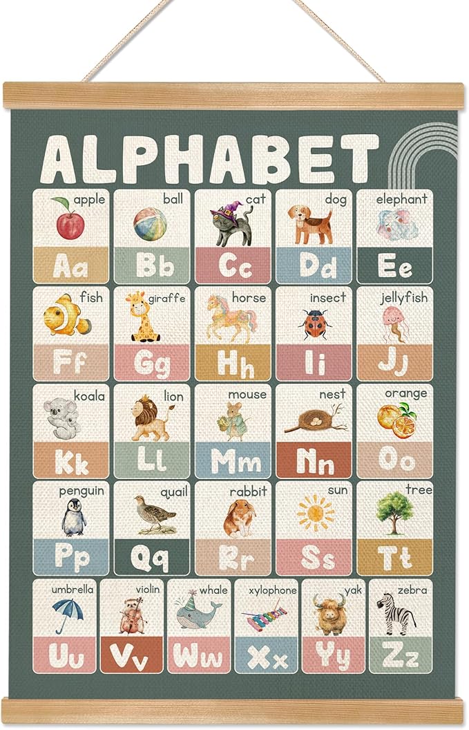 Educational Alphabet Chart Wall Art, 18.5x14Inch Colourful Alphabet Canvas Print Poster with Wooden Hanger, Classroom Learning Posters, A-Z Letters Wall Art Decor for Nursery,Playroom and Home School