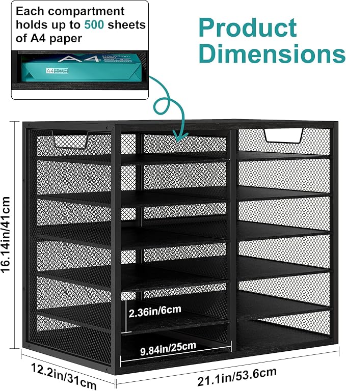 TQVAI 12 Compartments Desktop Literature Organizer, Metal Frame Paper Sorter with Handles, Adjustable Mailbox for Classroom and Office, Desk File Organizer for Document, Bill, Magazine, Black