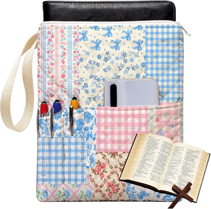 Gilprop Blue Spliced Bible Book Sleeve with Zipper 11" x 9" Padded Protector Washable Quilted Book Covers Printed Bible Pouch with Handle Pockets Protector for Books Lover Christian Gifts