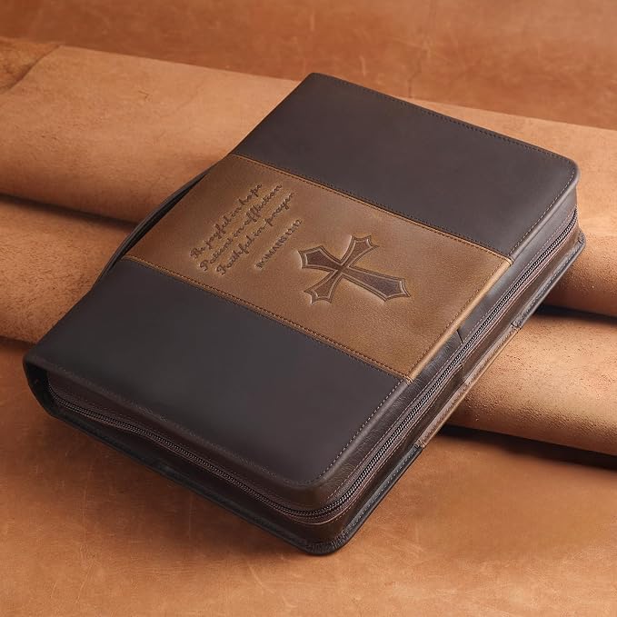 Polare Full Grain Leather Bible Case Book Protective Holder Bible Cover Church Bag Christian Religious Carrying Organizer Portfolio for Men (Dark Brown & Brown, Large)