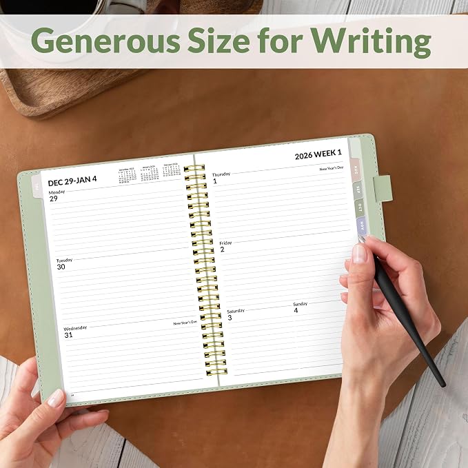 SUNEE 2026 Weekly & Monthly Planner 6.2"x8.5"- 12 Month (January 2026 - December 2026), Vegan Leather Cover, Pocket, Bookmark, Notes, Monthly Tab, Sage Green