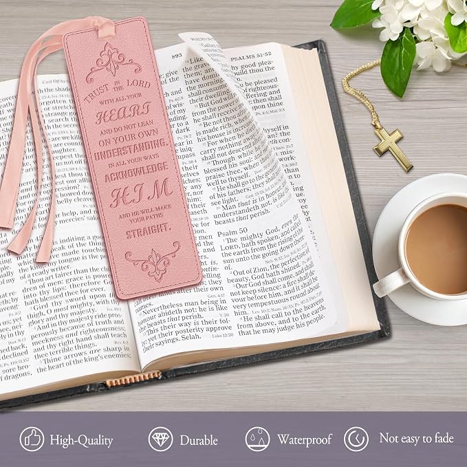 FINPAC Leather Bible Bookmarks, Vegan Religious Bookmarks, Bible Verse Book Markers Church Gifts for Women Men [Trust in The Lord with All Your Heart] - Pink