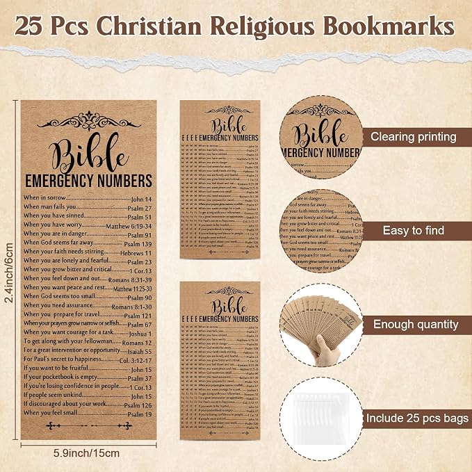 Dunzoom 25set 75pcs Fathers Day Christian Gift Emergency Numbers Bookmark Bible Verse Pen Religious Scripture Keychain for Women Men Coworker Church Prayer Baptism Souvenir Study Group(Wood Color)