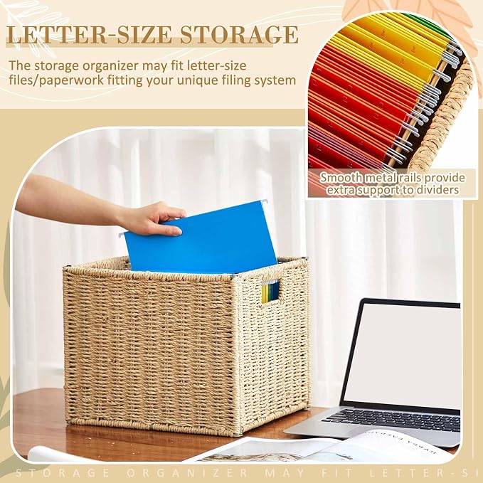 Jingmore Hanging File Box, Paper Rope Collapsible Woven File Organizer for Letter Size Files, Portable Decorative Storage Basket with Handles for Home Office Decor