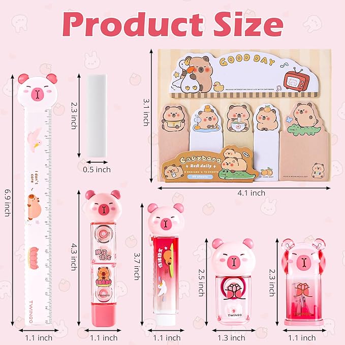7 Pcs Cute Capybara Stationary Set Kawaii School Supplies Japanese Stationery, Includes Pencil Sharpener, Eraser, Correction Tape, Glue Tape, Sticky Notes, Ruler, for Office School Supplies