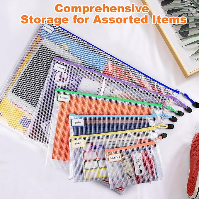 Mesh Zipper Pouch Bags: Clear Zipper Pouches for Classroom, Plastic Board Game Organizer and Storage, Multisize Clear Zipper Bags Waterproof for School and Office Supplies (6 Size, 12PCS, 6 Color)
