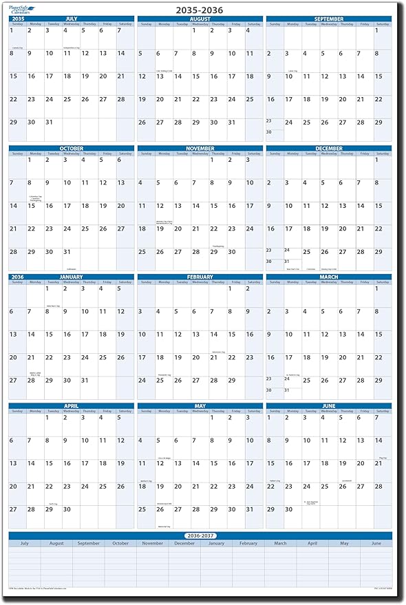 Fiscal/Academic Split Year July 2035 to June 2036 Vertical 12 Month Wall Calendar 36" x 24" - Dry & Wet Erasable with Next Year Planner Area. Complete with Fine tip Dry-erase Marker and Eraser