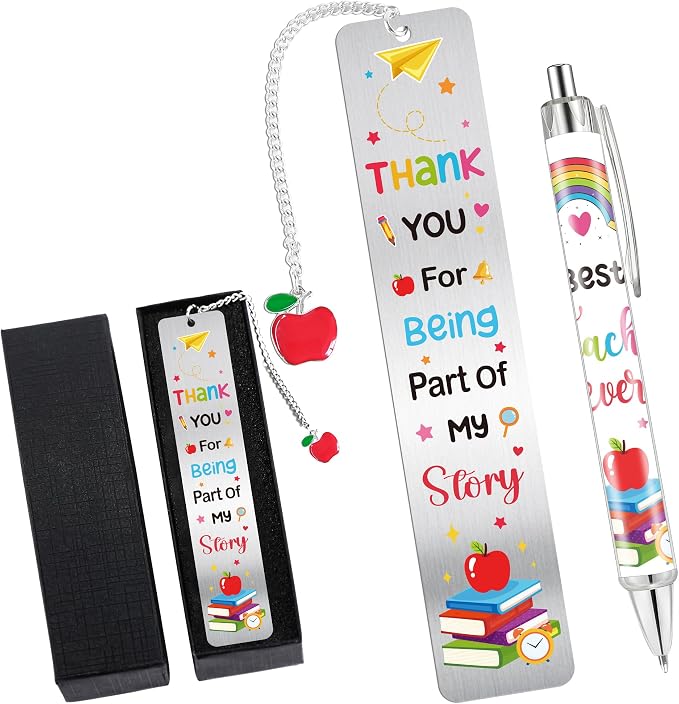 Teacher Bookmark and Pen Gift Set, Thank You Teacher Gifts Metal Book Mark with Charm, Appreciation Christmas Birthday Gifts for Teachers School Office Supplies