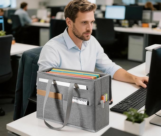 Qozary 2 Pack File Folder Organizer Box-Hanging File Tote Bag With Lids, Collapsible Portable Filing Organizer Box With Handle, Document Storage Bag For Office,Home,Travel, School