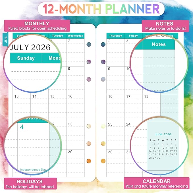 Planner Refills 2026-2027 - Planner Inserts, 2026-2027 Weekly and Monthly Calendar from Jul. 2026 - Jun. 2027, 3.75 x 6.75 inch, 6 Holes