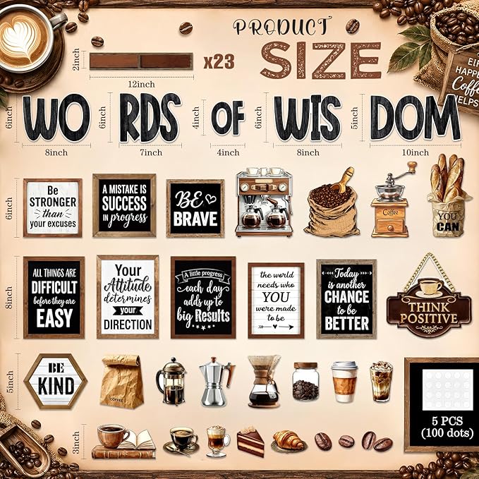 Mooliwe 57 Pcs Coffee Bulletin Board Set Industrial Coffee Shop Inspirational Classroom Decoration Cutout for School Office Chalkboard Door Wall Decor