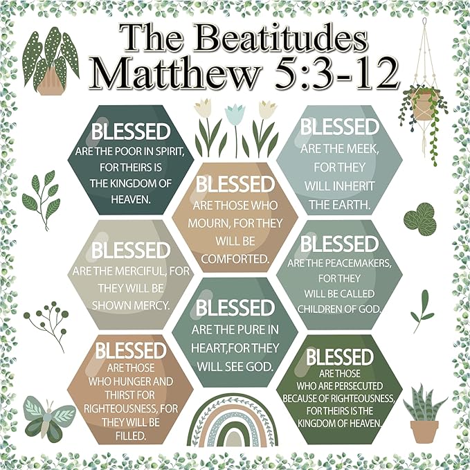 QOUBAI Christian Bulletin Board Decoration The Beatitudes Matthew 5:3-12 Classroom Decoration Motivational Bible Verse Paper Cutouts for Back to School Sunday School Church Parish Decor（Greenery）