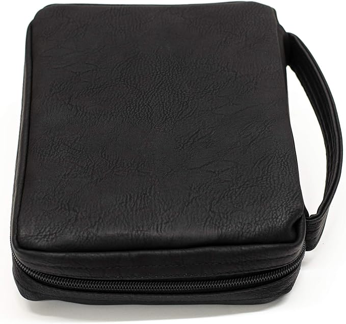 Soft Black Embossed Cross with Front Pocket Leather Look Bible Cover with Handle, Large