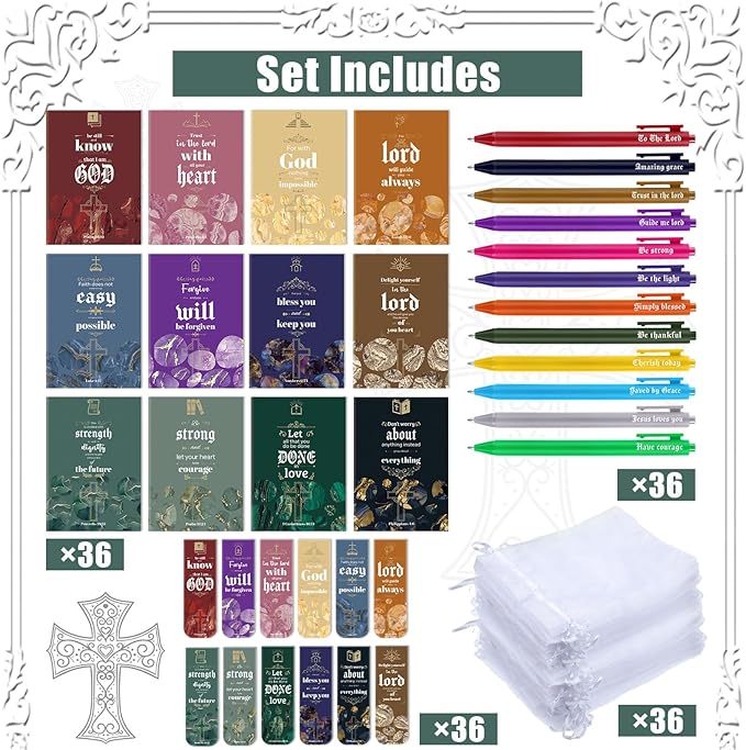 WSICSE 144 Pcs Christian Bible Gifts Set Bulk, Religious Scripture Notebooks Verses Bookmarks Bible Quote Pens Organza Bags for Inspirational Bible Gifts for Office School
